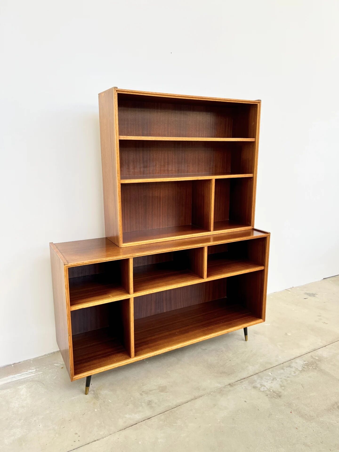 Asymmetrical mahogany bookshelf — 2 offset elements, custom-made, 1960s