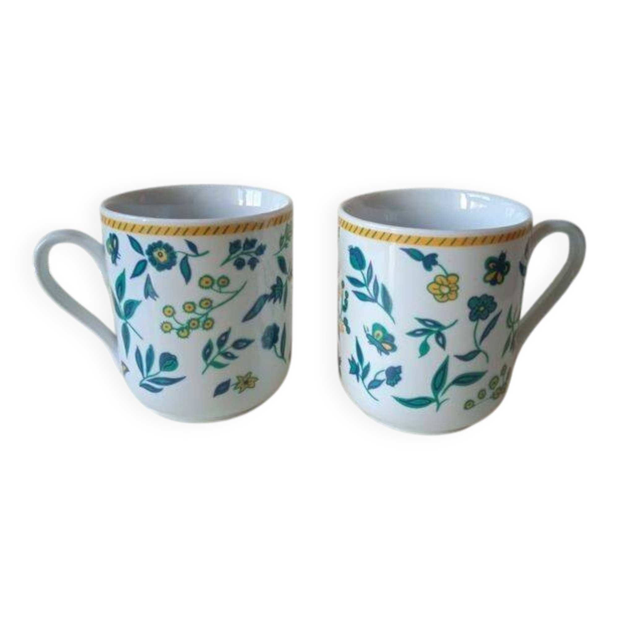Set of vintage DPR mugs – blue and green floral design – h9 x d7.5 cm