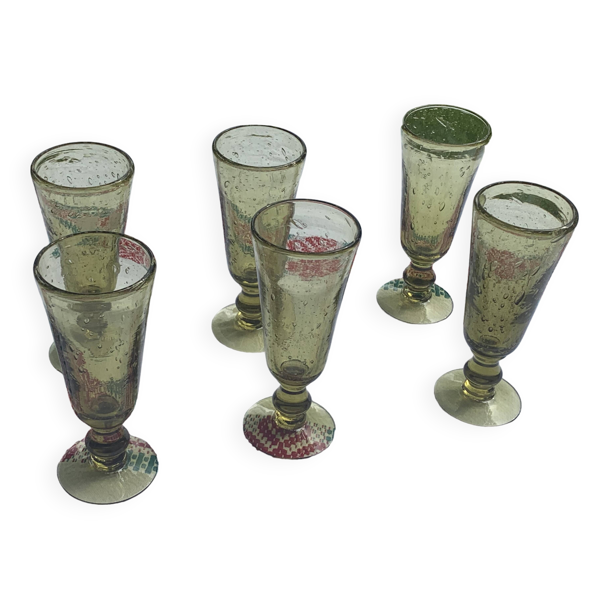 6 champagne flutes, cocktail glass, La Rochere glassware, hand-blown green glass