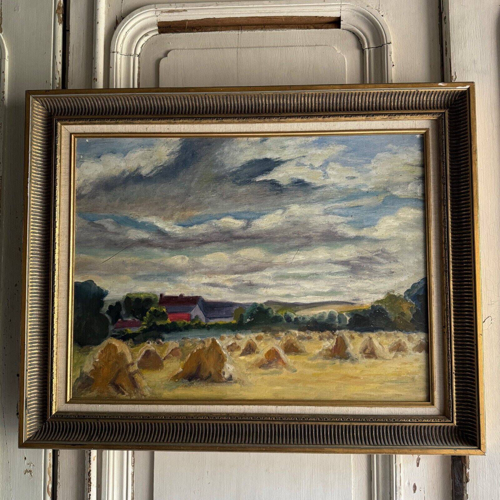 Oil on panel haystacks 20th century whitewashed frame