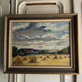 Oil on panel haystacks 20th century whitewashed frame