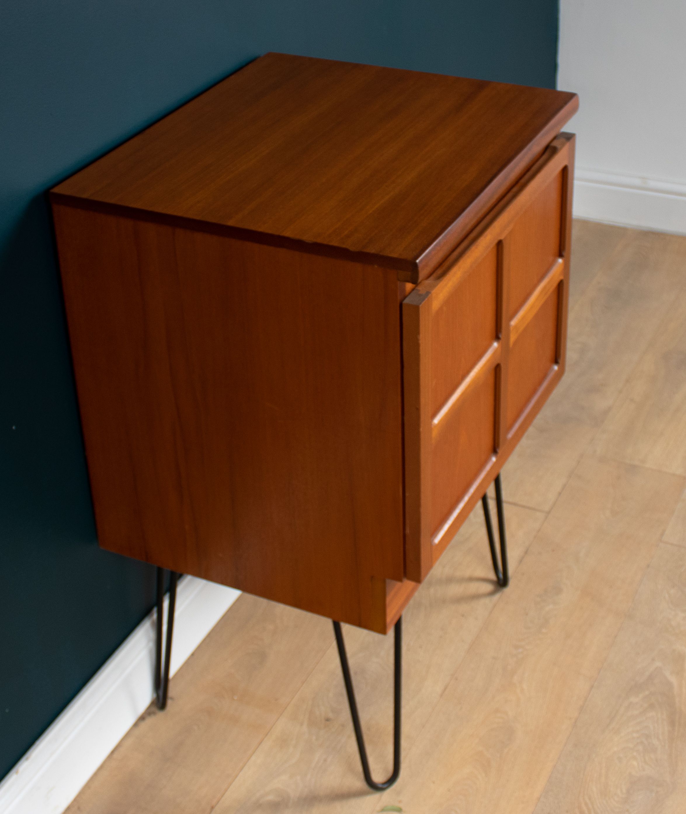 Restored Teak Retro 1960s Nathan Squares Lamp Table Cabinet Hair Pin Legs