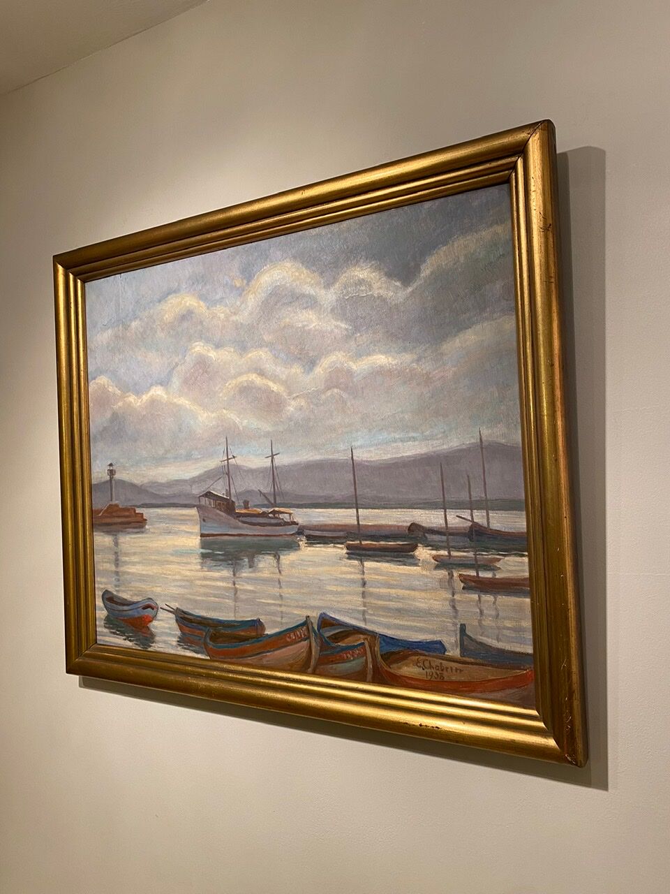 Old painting, Marine, signed E Chabrier and dated 1938