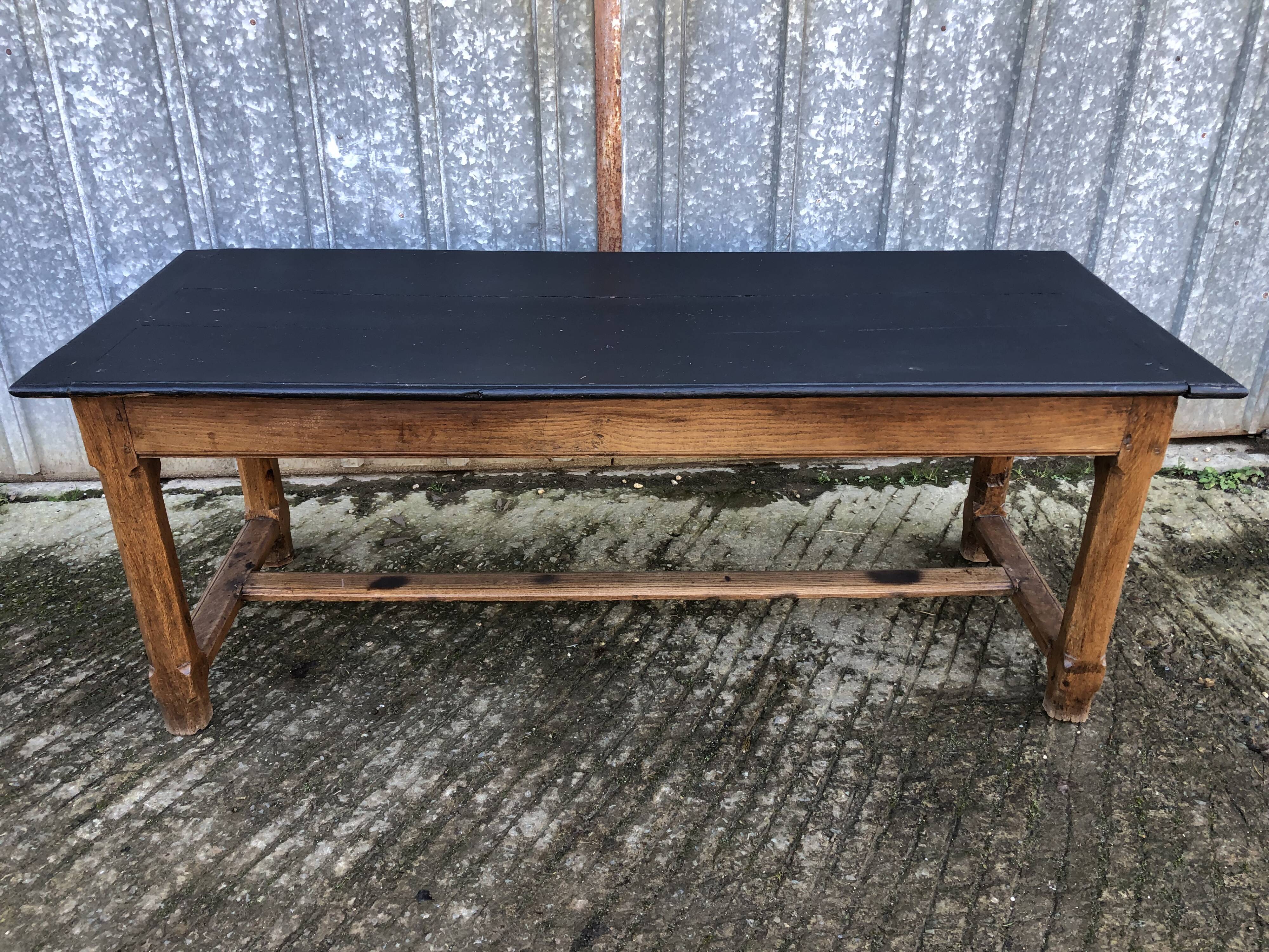 Antique oak farmhouse table with cat bar and 2 end drawers
