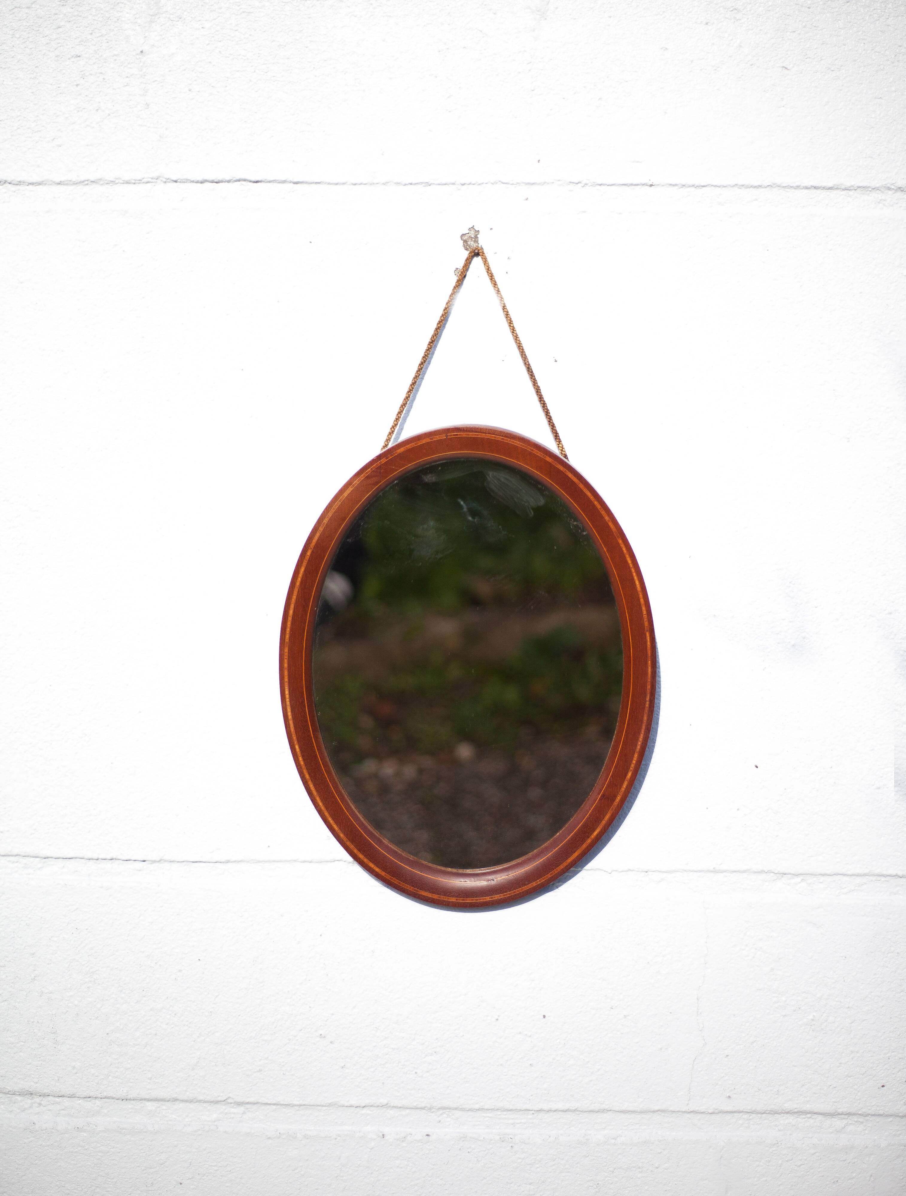 Miroir oval vintage, miroir à suspendre, miroir bois marqueté , miroir mural, décoration murale