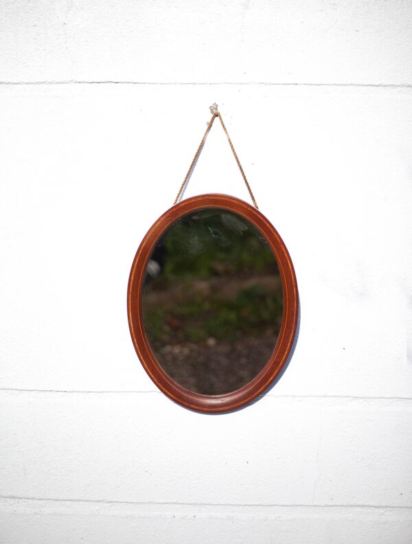 Miroir oval vintage, miroir à suspendre, miroir bois marqueté , miroir mural, décoration murale
