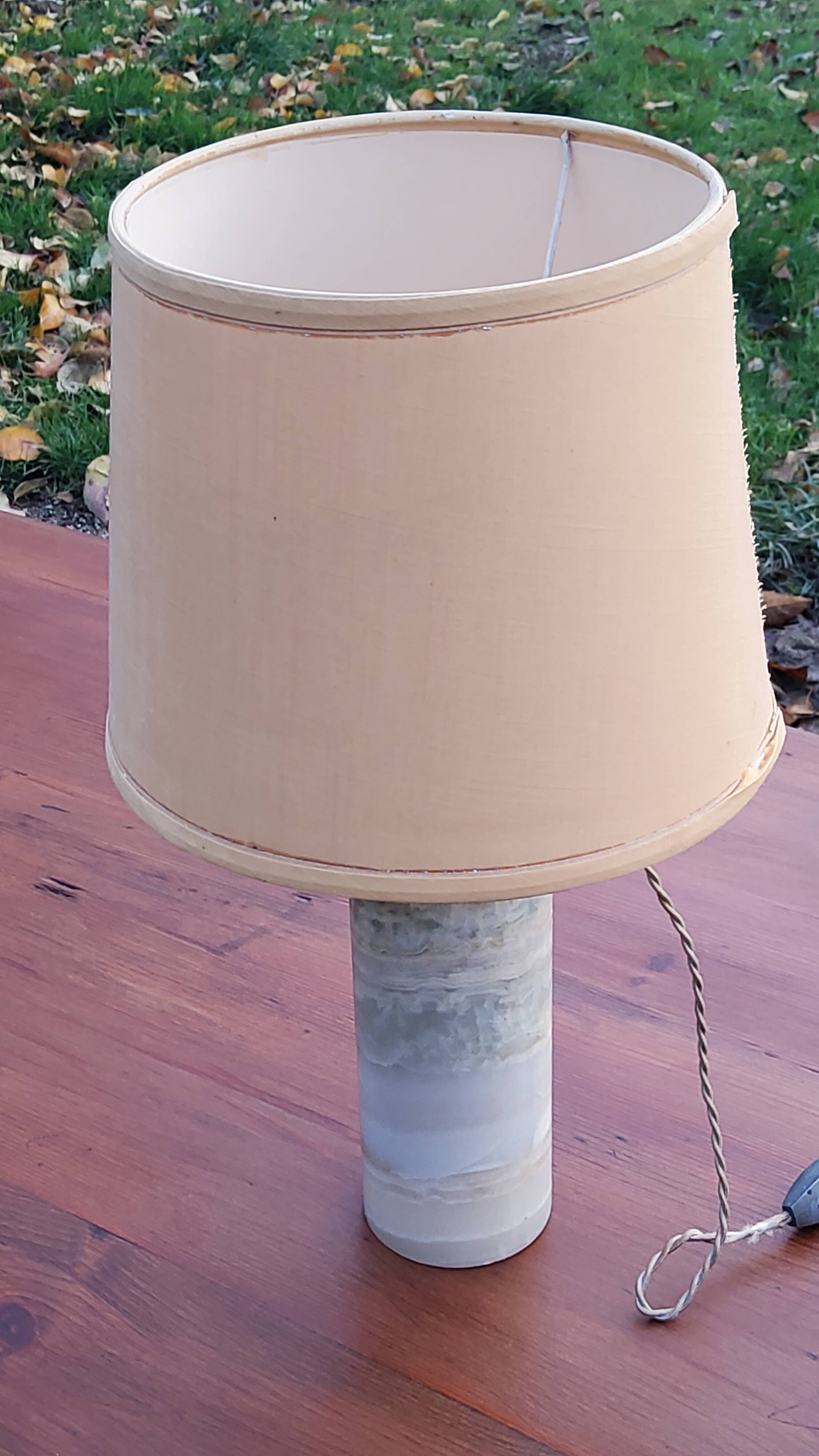 Designer lamp from the 70s in almond green onyx with original fabric shade