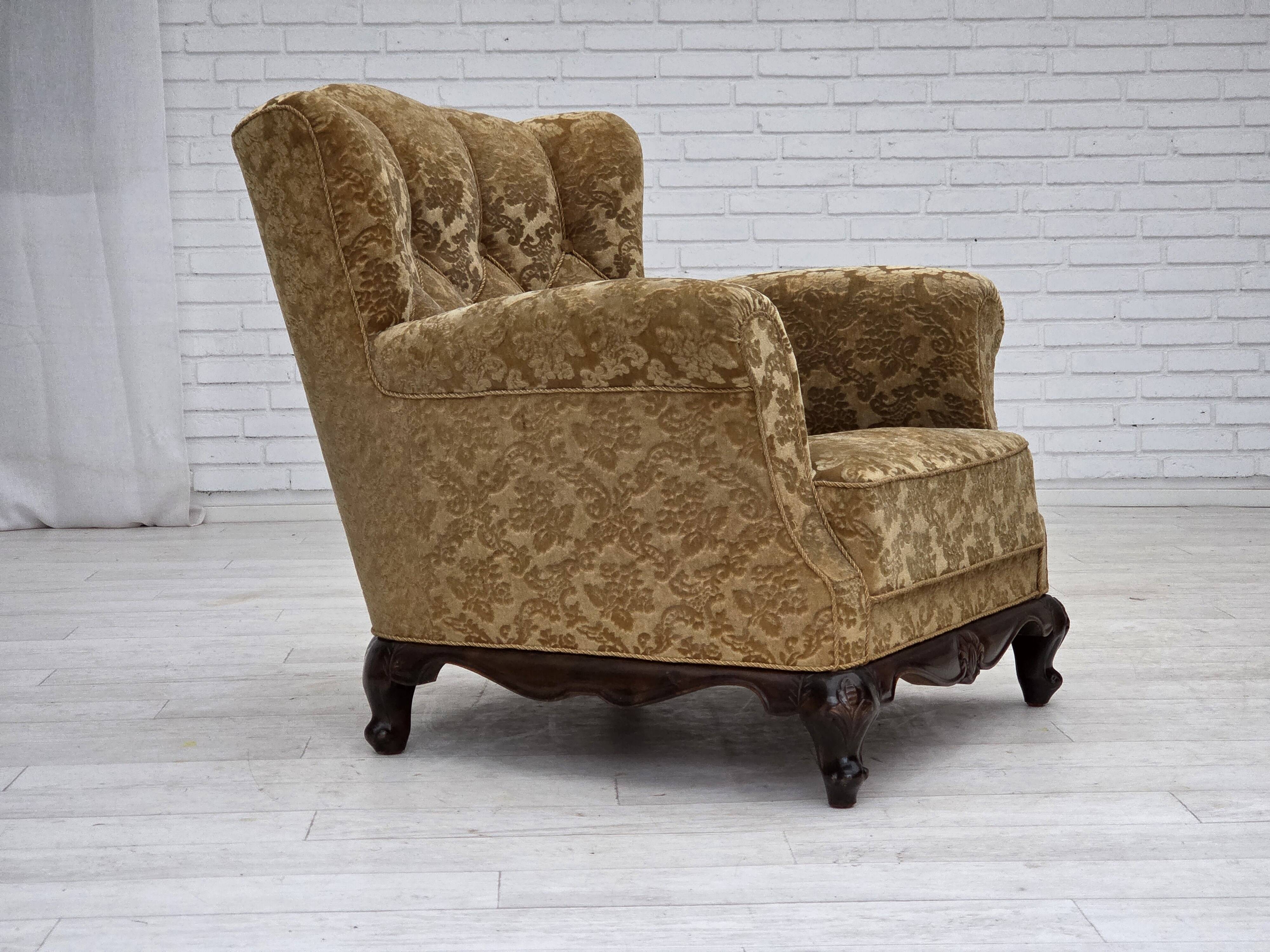 1950s, Danish relax armchair, furniture velour, carved oak wood.