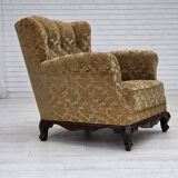 1950s, Danish relax armchair, furniture velour, carved oak wood.