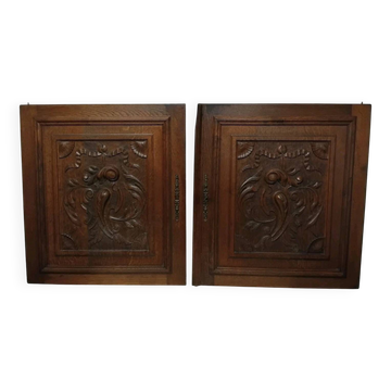 Paire d'anciennes portes en bois chêne sculpté