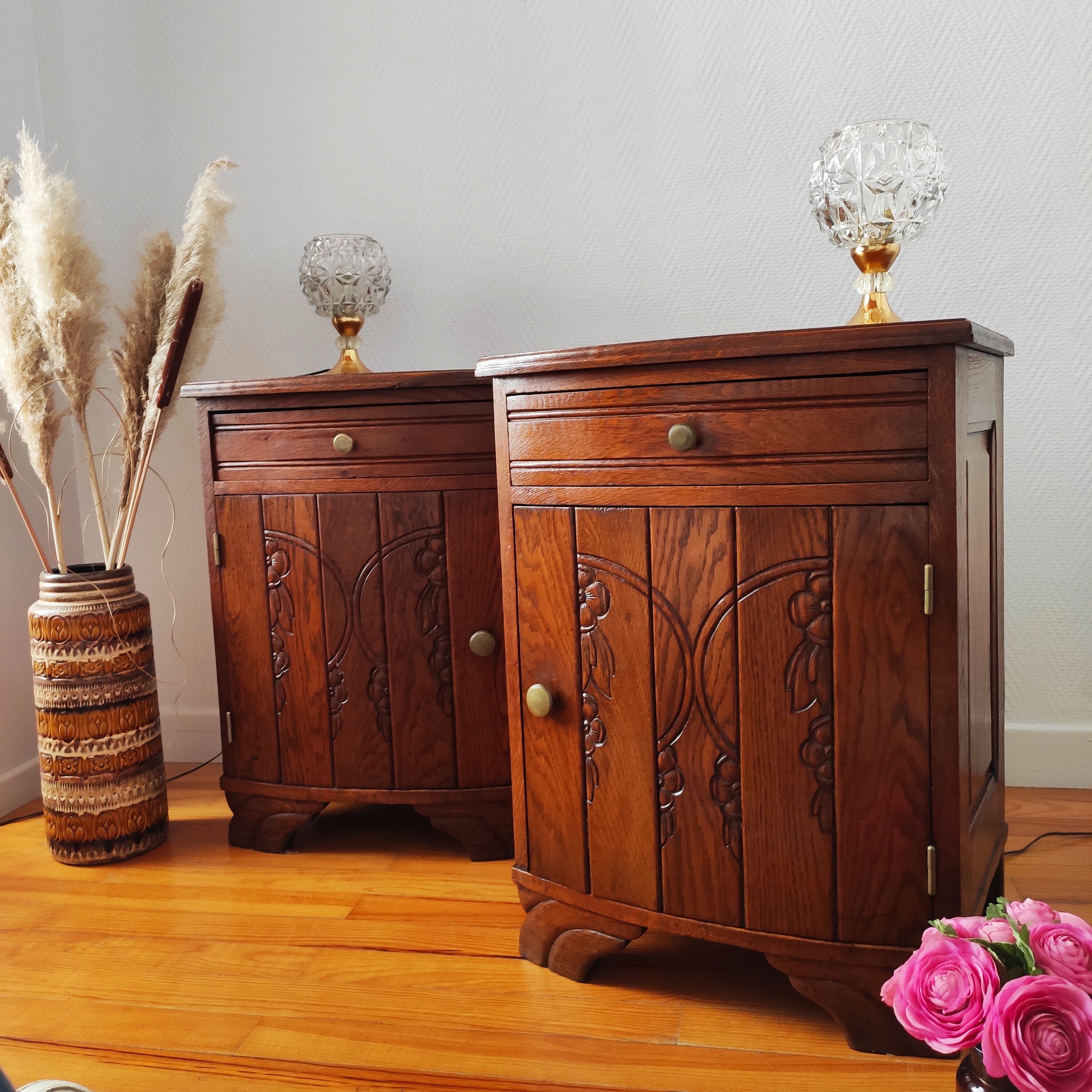 Pair of oak art deco bedside tables