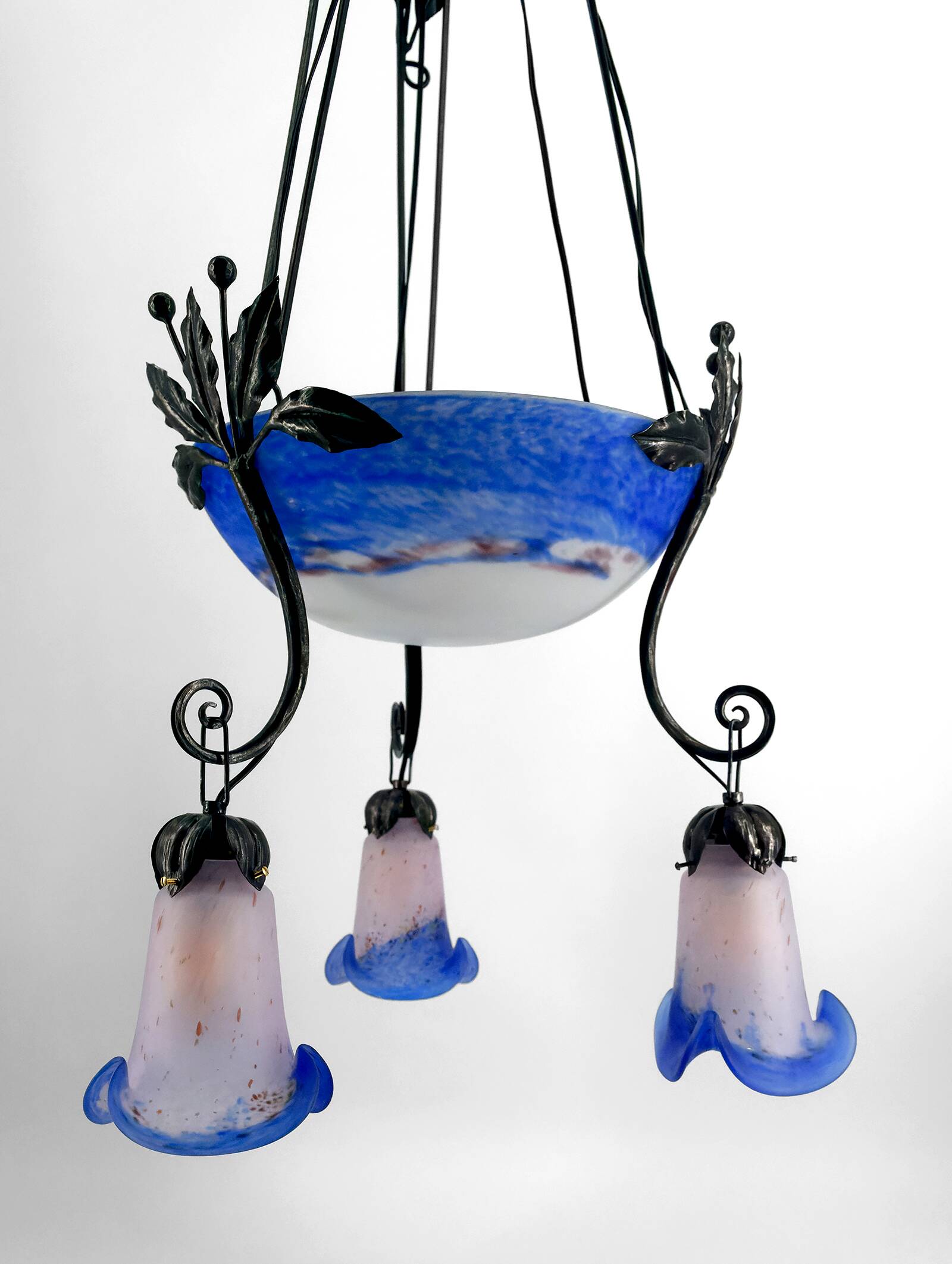 Wrought Iron and Blue Glass Paste Chandelier, Art Deco, France