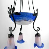 Wrought Iron and Blue Glass Paste Chandelier, Art Deco, France