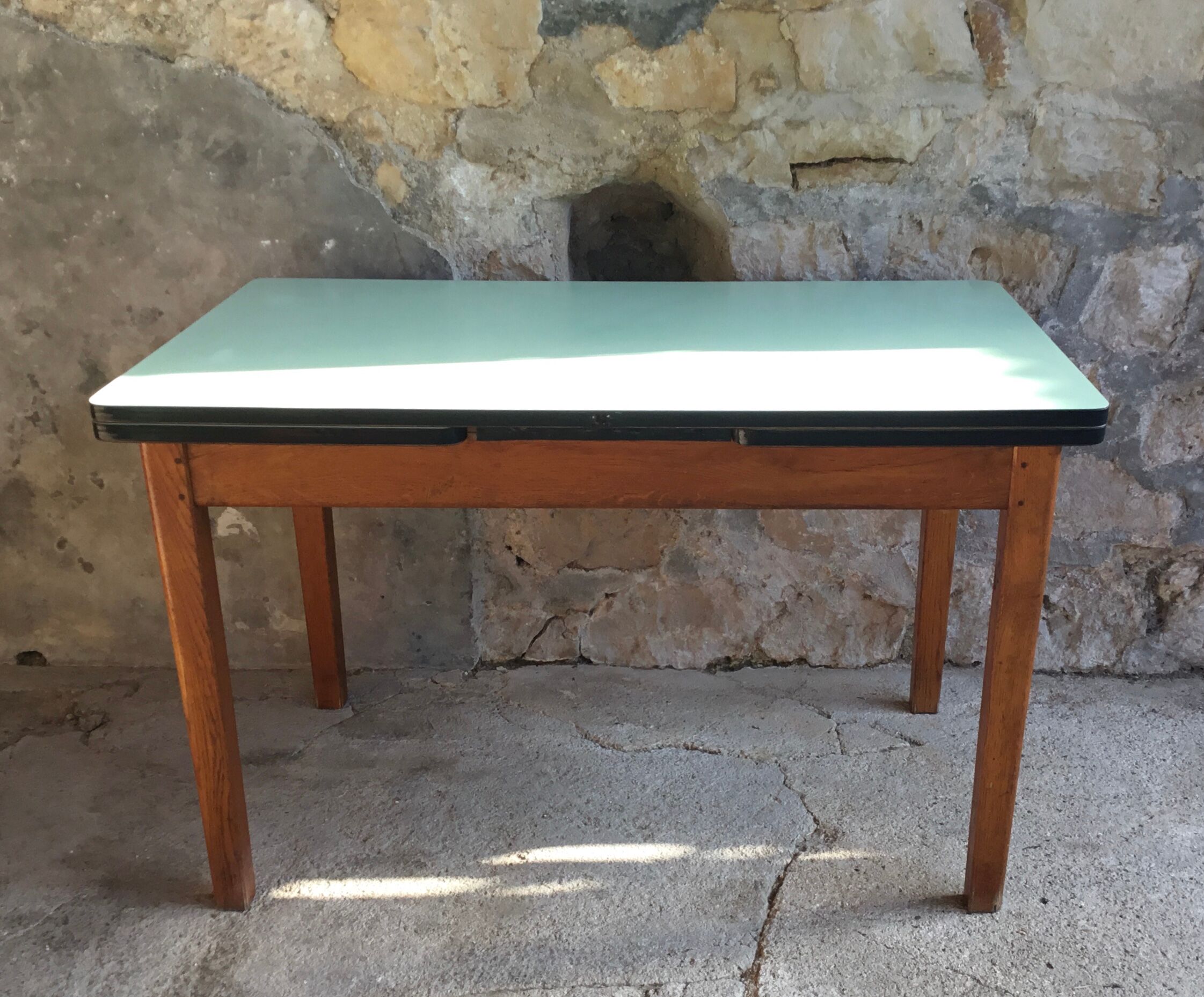 Vintage stretch table - oak footing - mint green formica tray - 1950