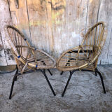 Pair of children's armchair rattan shell & metal foot black vintage