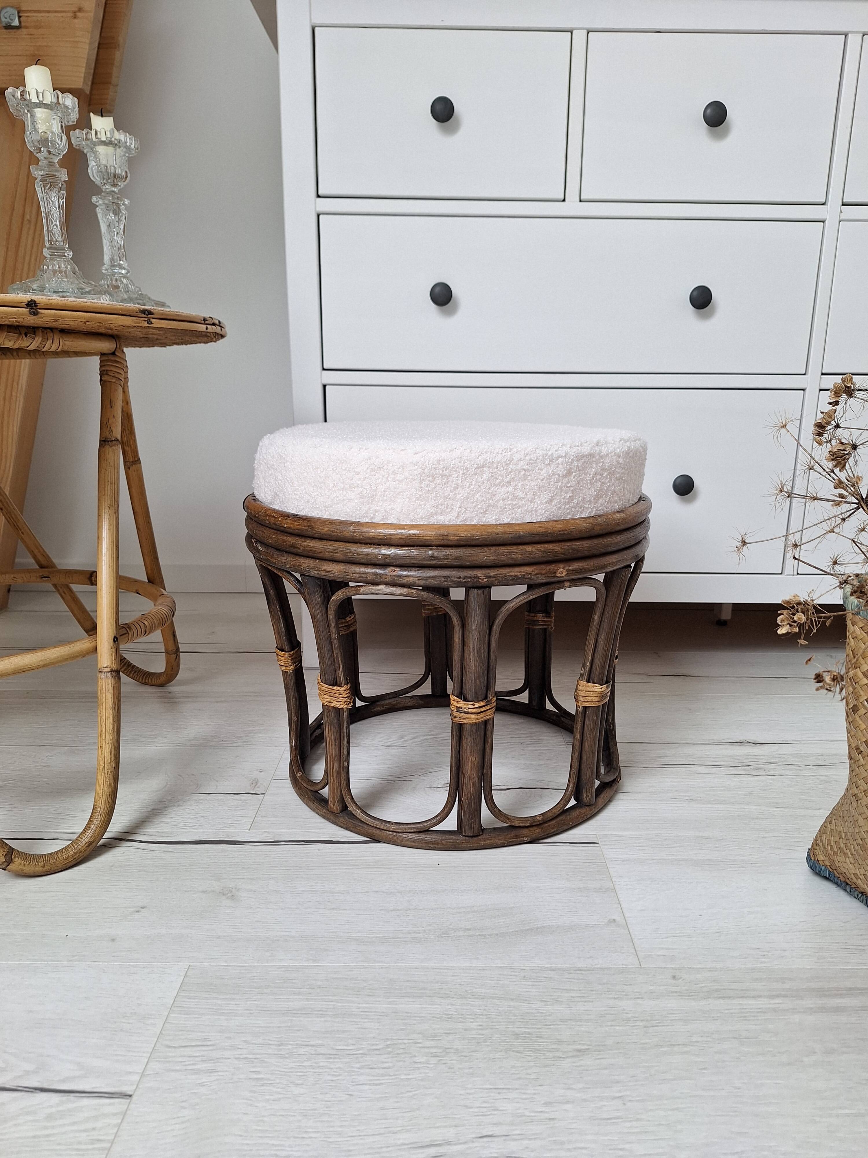 Vintage rattan and French terry fabric pouf
