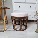 Vintage rattan and French terry fabric pouf
