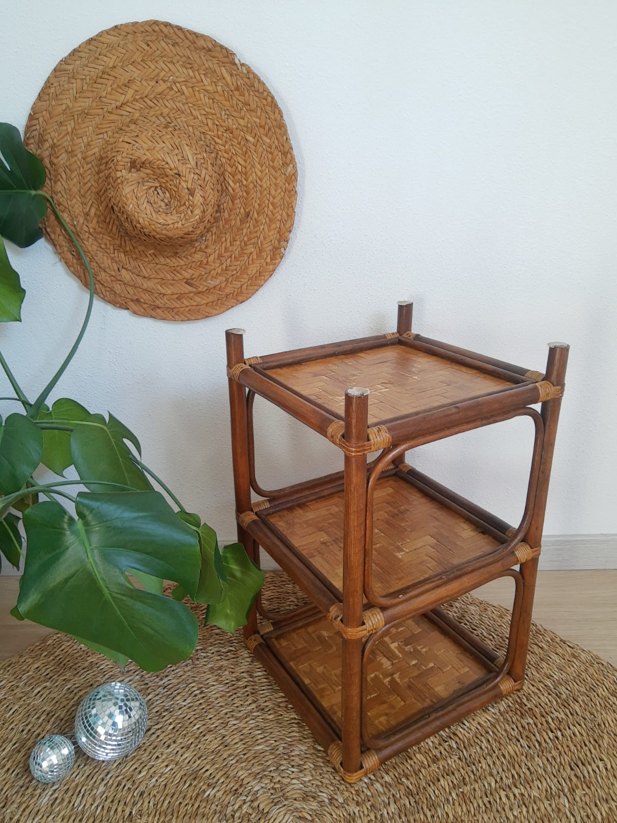 3-tier rattan and bamboo shelf from the 70s vintage