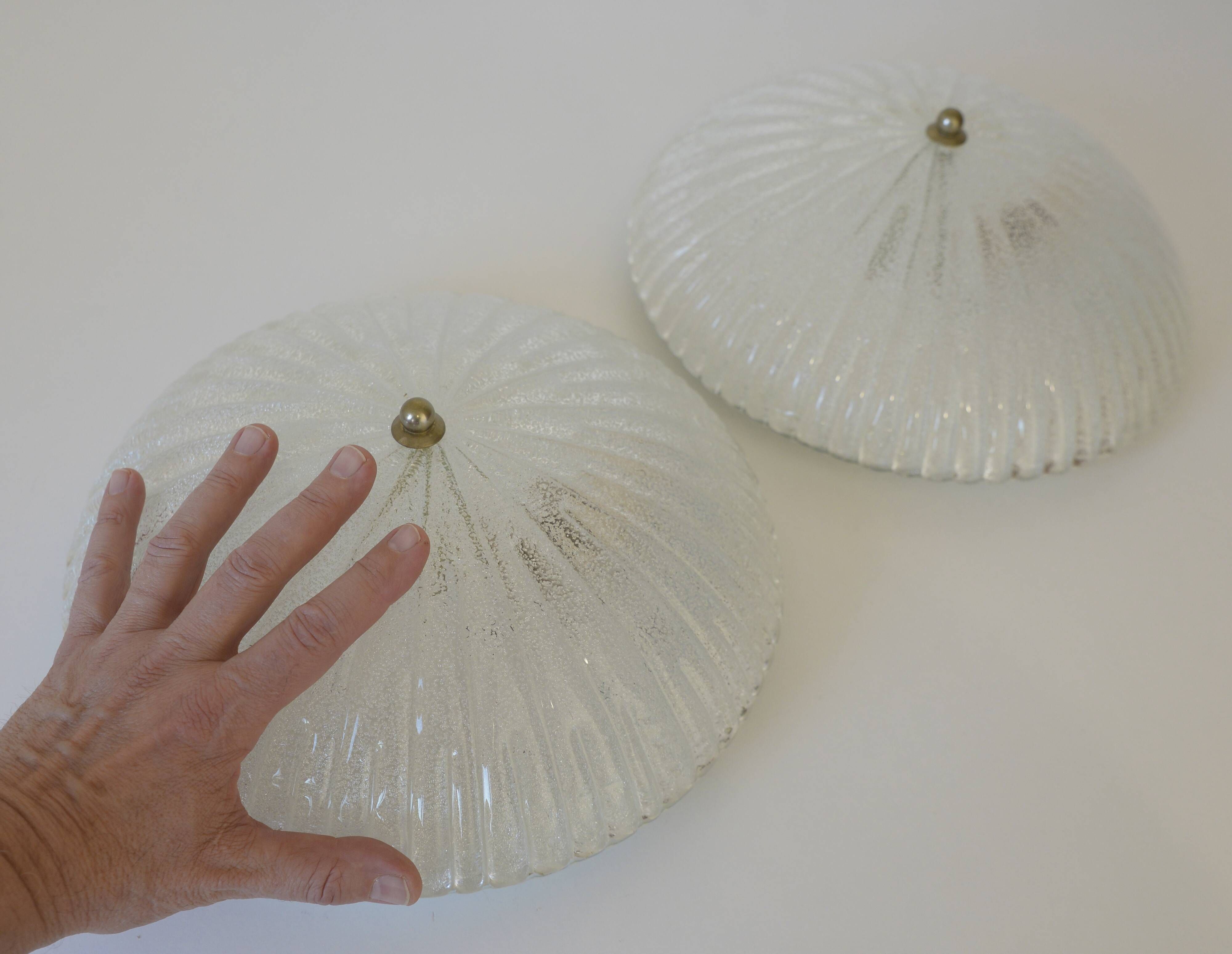 Set of 2 vintage hand blown ice glass wall sconces / pair of flush mount ceiling lights