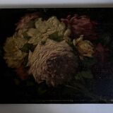 Painting of 19 roses from the garden, oil on wood.