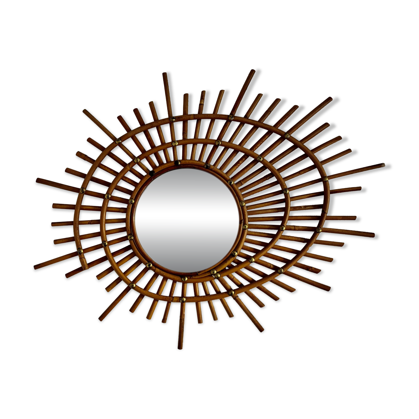 Vintage 1960s sun mirror, rattan, ORTF style, spiral eye - 66 x 50 cm