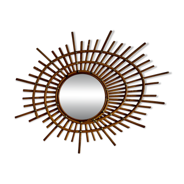 Vintage 1960s sun mirror, rattan, ORTF style, spiral eye - 66 x 50 cm