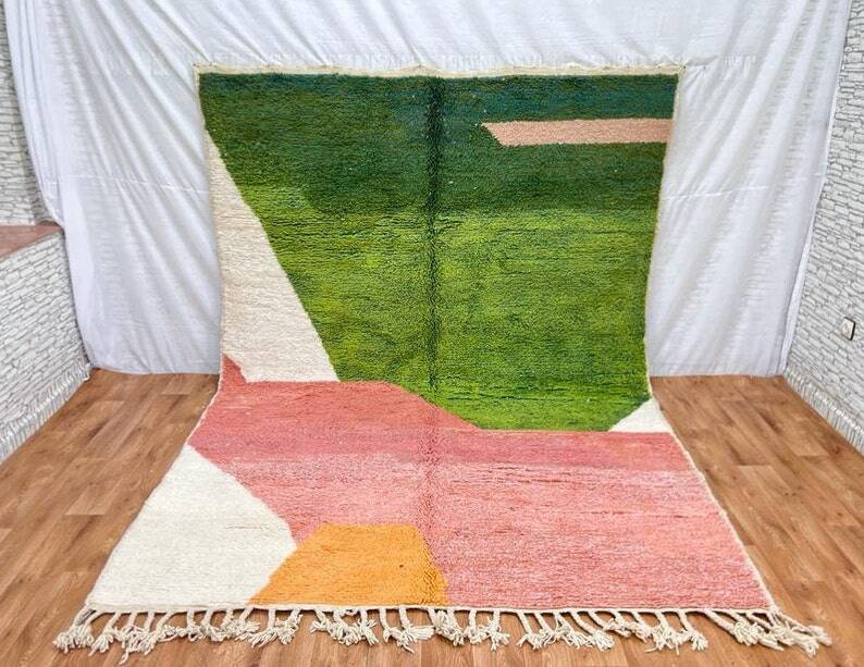 Handmade Berber wool rug, green and pink, 150/250cm