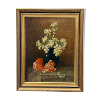 Oil on canvas bouquet of still life flowers with fruits and flowers xxe