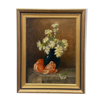 Huile sur toile bouquet de fleurs nature morte aux fruits et fleurs xxe