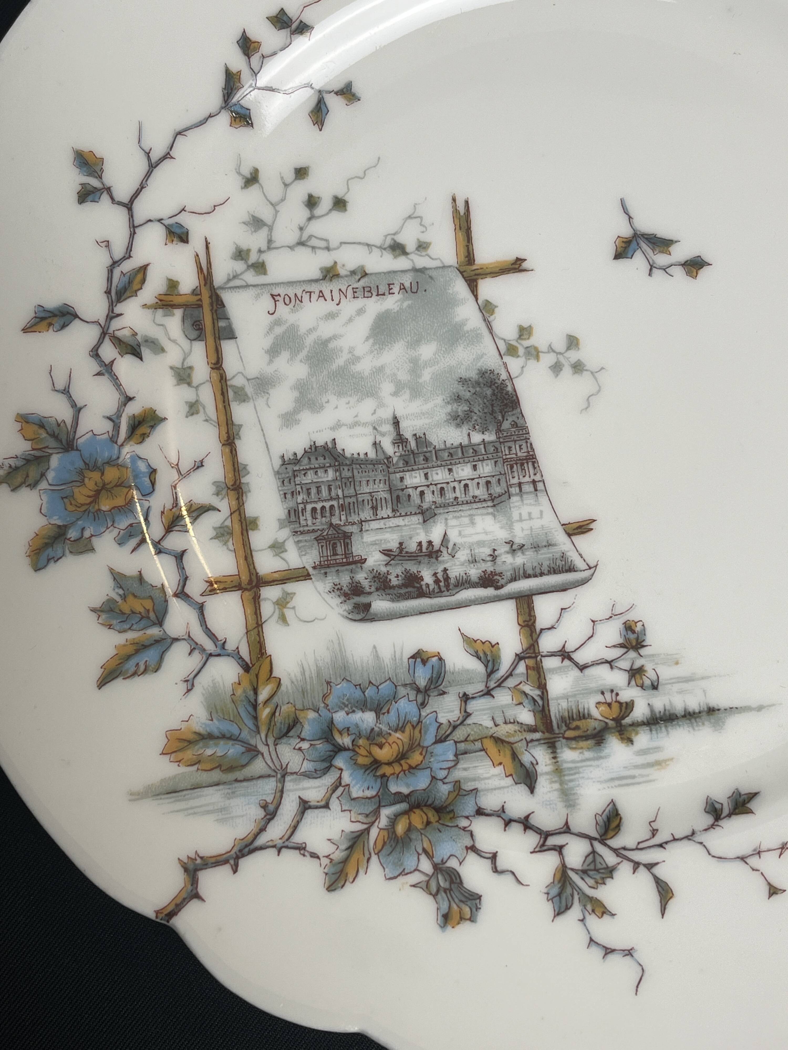 Pair of Hache Jullien plates, fine earthenware, castle decor, early 20th century