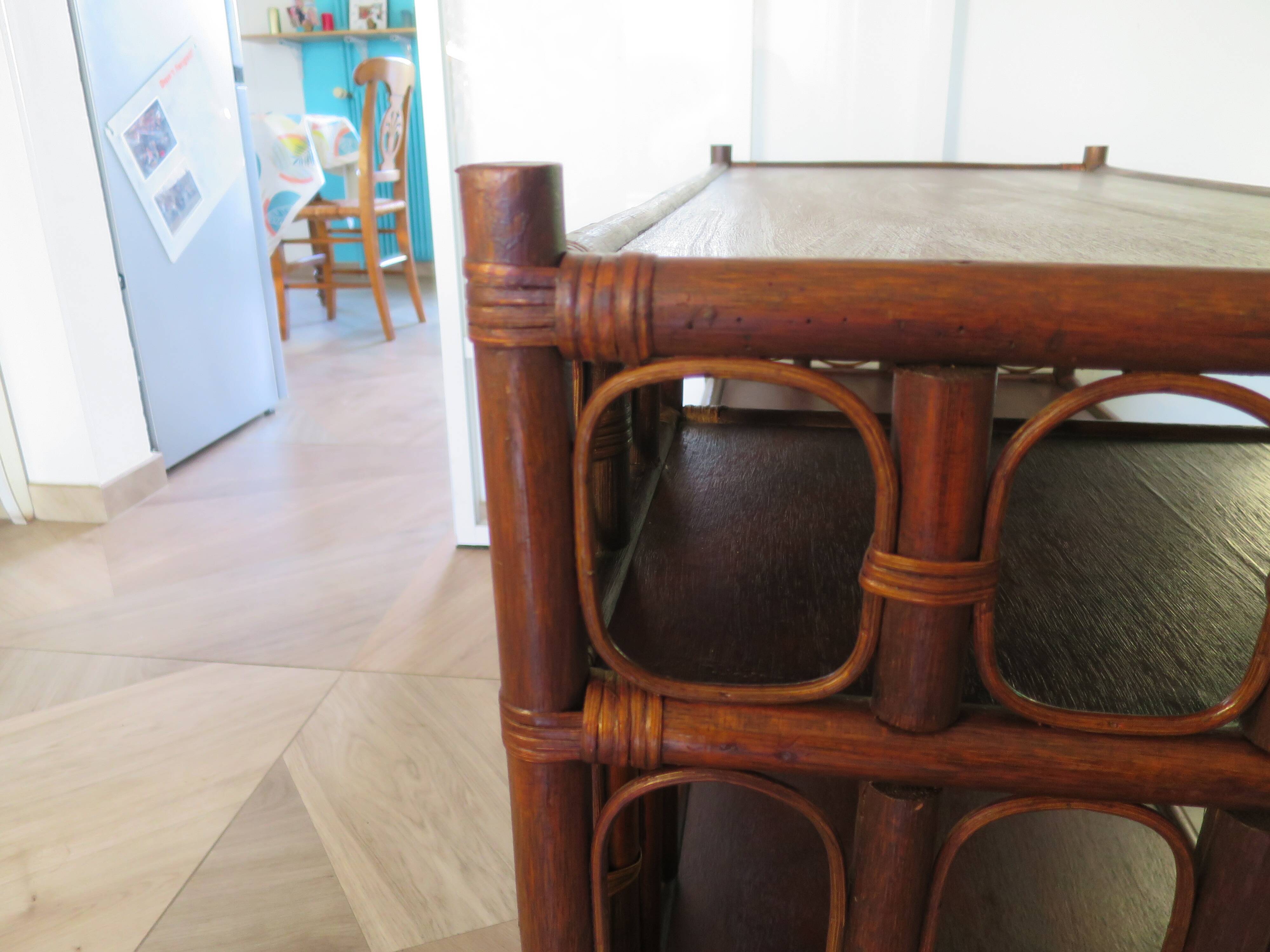 Retro side table - vinyl furniture - rattan and bamboo - 1980s
