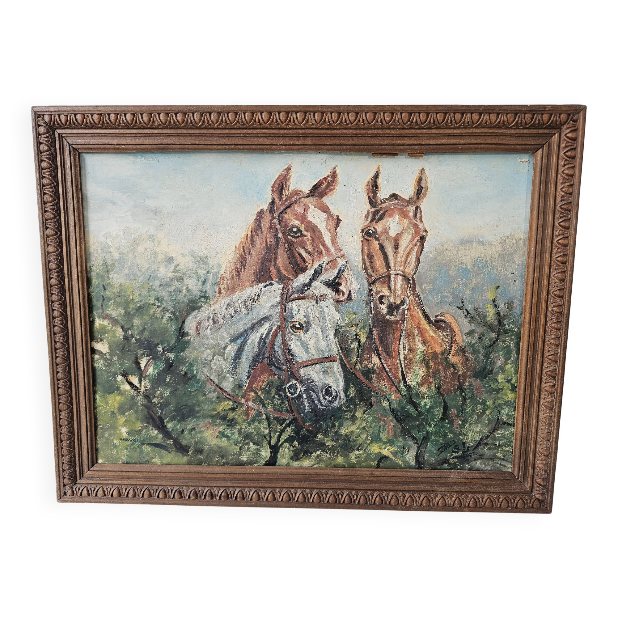Oil painting on hardboard - Horses Signed SL (Signature to be identified)