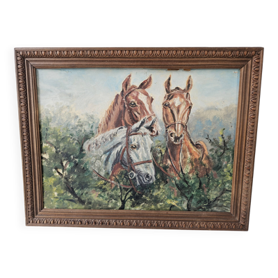 Tableau Huile sur Isorel - Chevaux Signé SL (Signature a identifier)