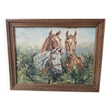 Oil painting on hardboard - Horses Signed SL (Signature to be identified)
