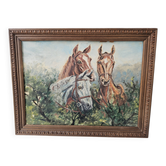 Oil painting on hardboard - Horses Signed SL (Signature to be identified)