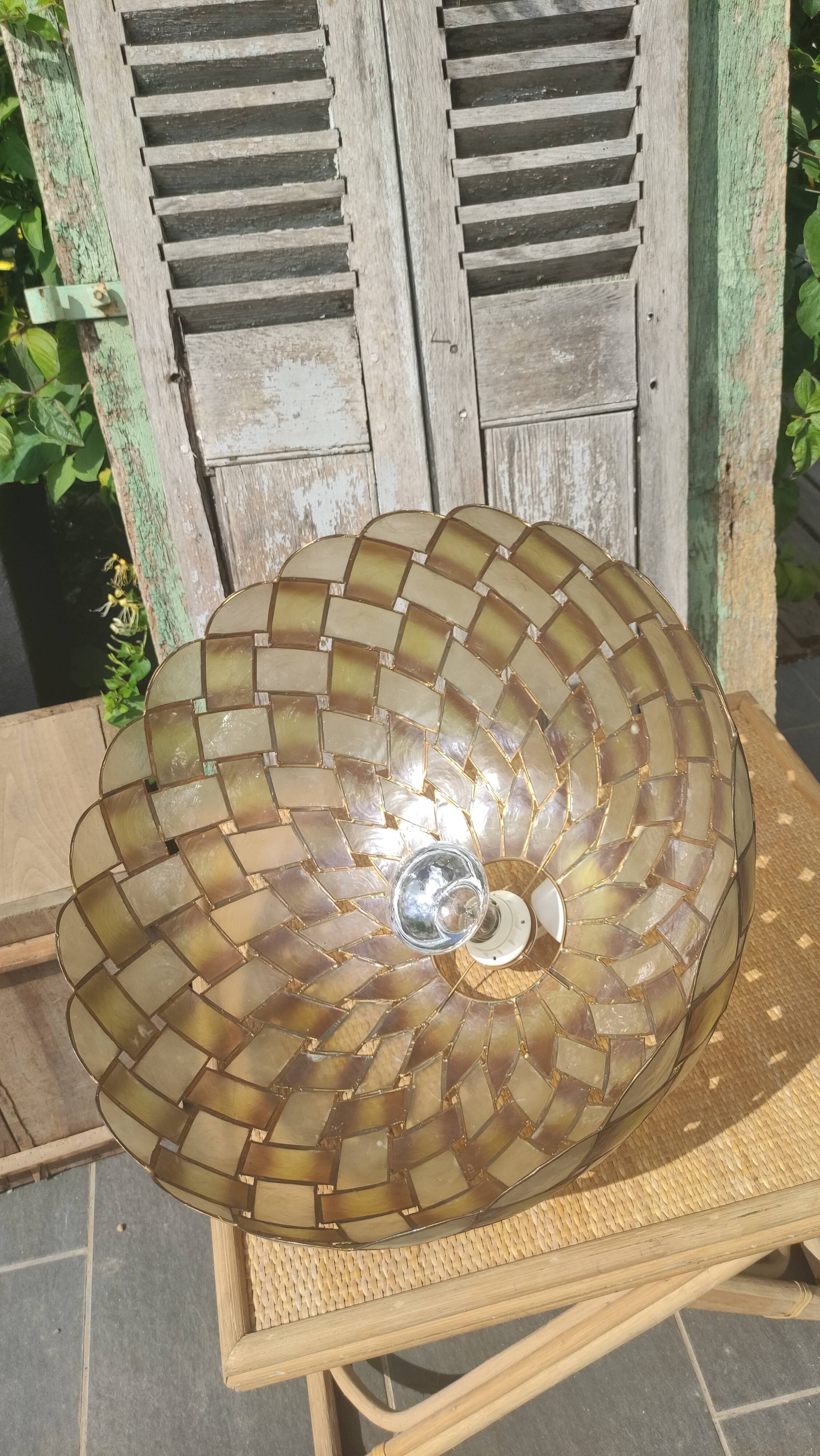 Large vintage pendant lamp in mother-of-pearl and brass
