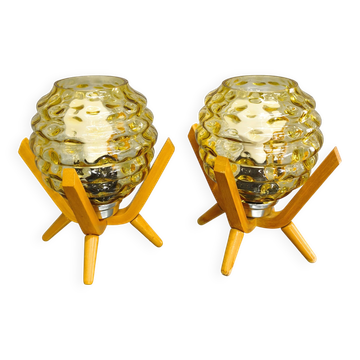 Pair Czech 1970s Wood and Yellow Glass Mid Century Table Lamps