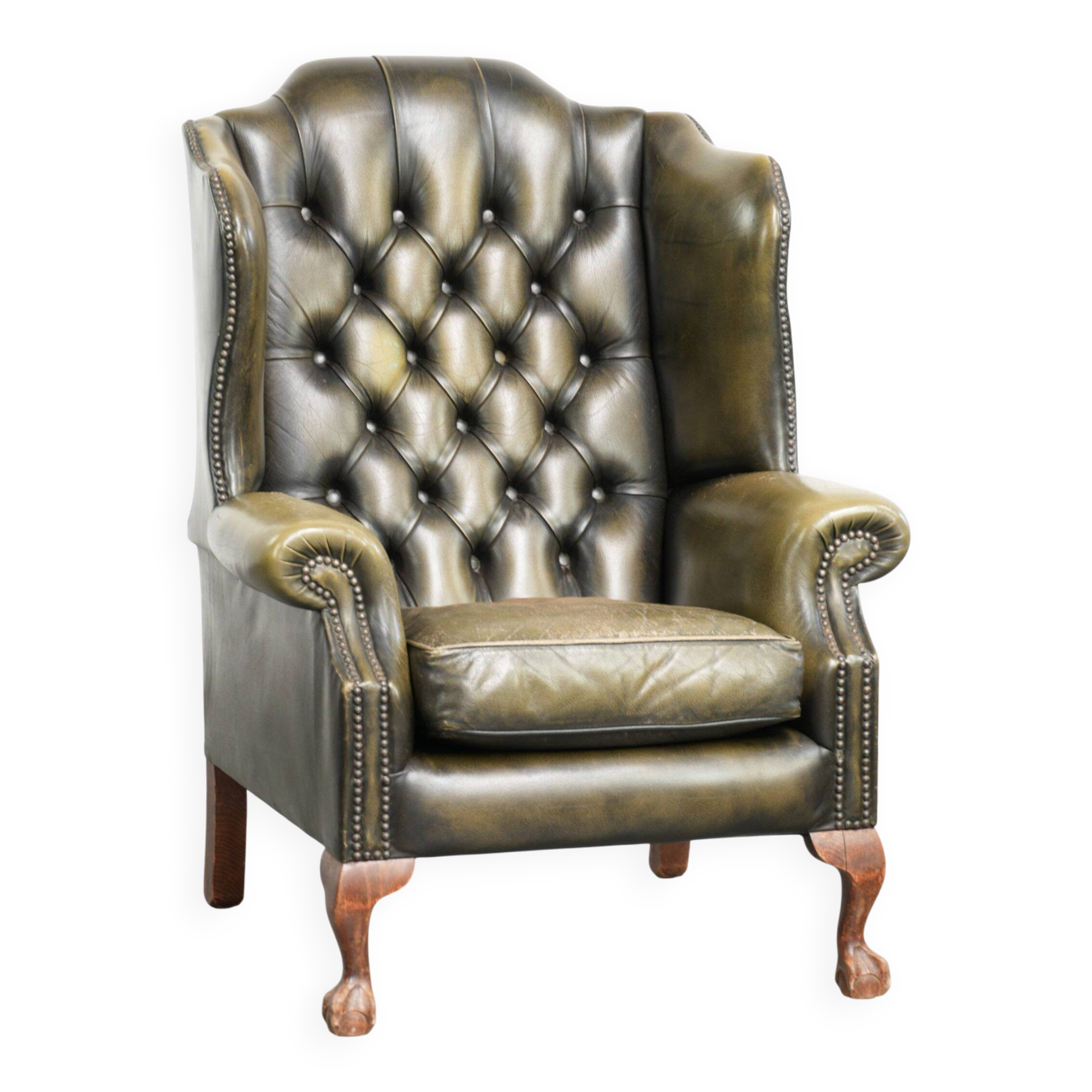 Vintage cowhide leather Chesterfield wingback armchair in a green colour