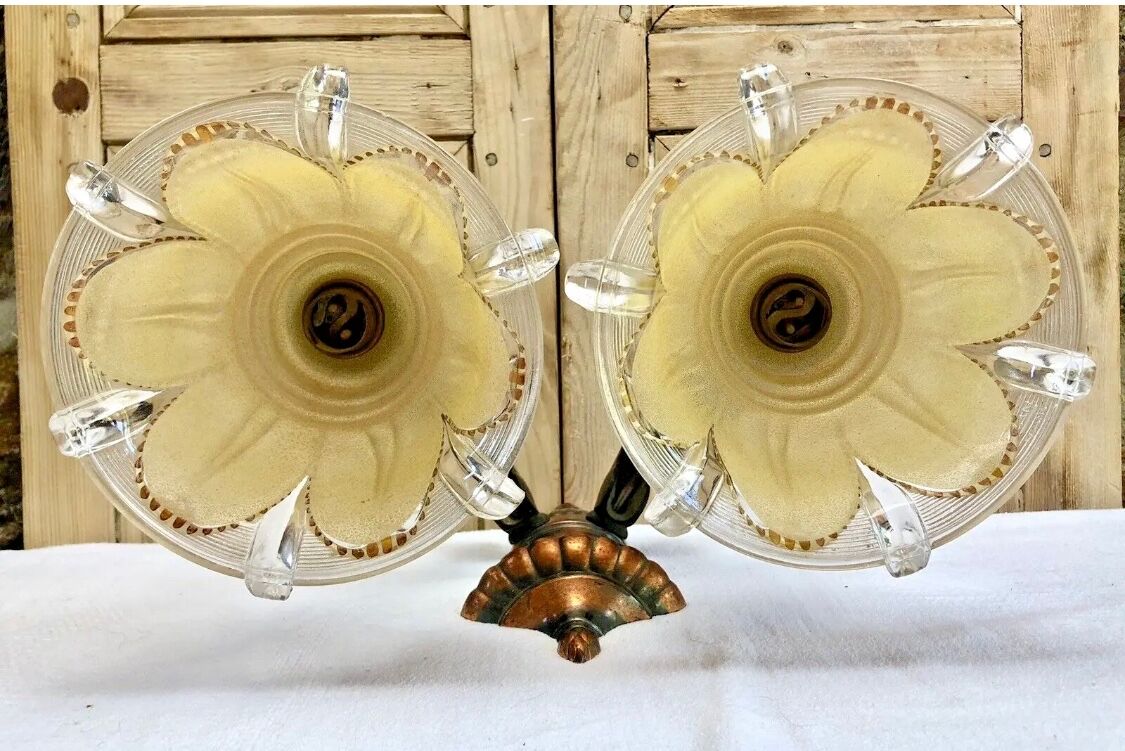 Wall lamp double fires copper metal art deco glassware ezan opalescent gilded