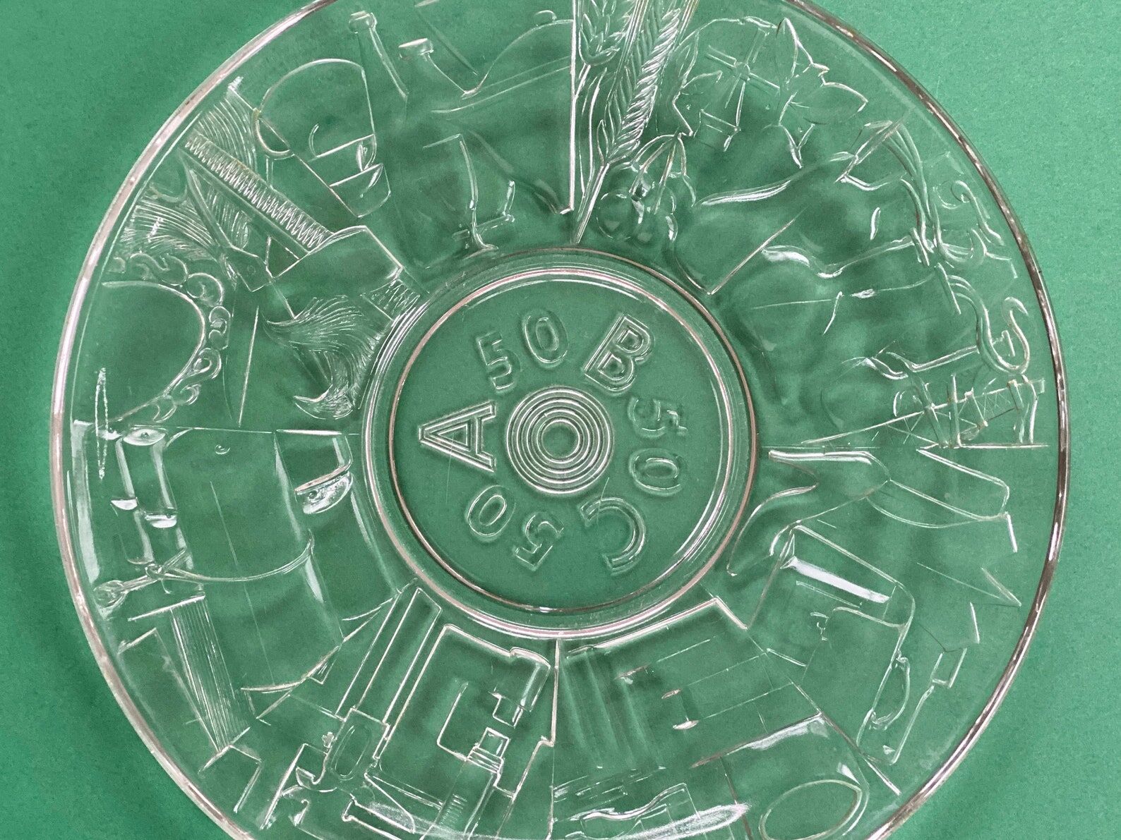 Mid Century glass ABC Plate, S.J. Thomassen for Leerdam Glass factory centerpiece