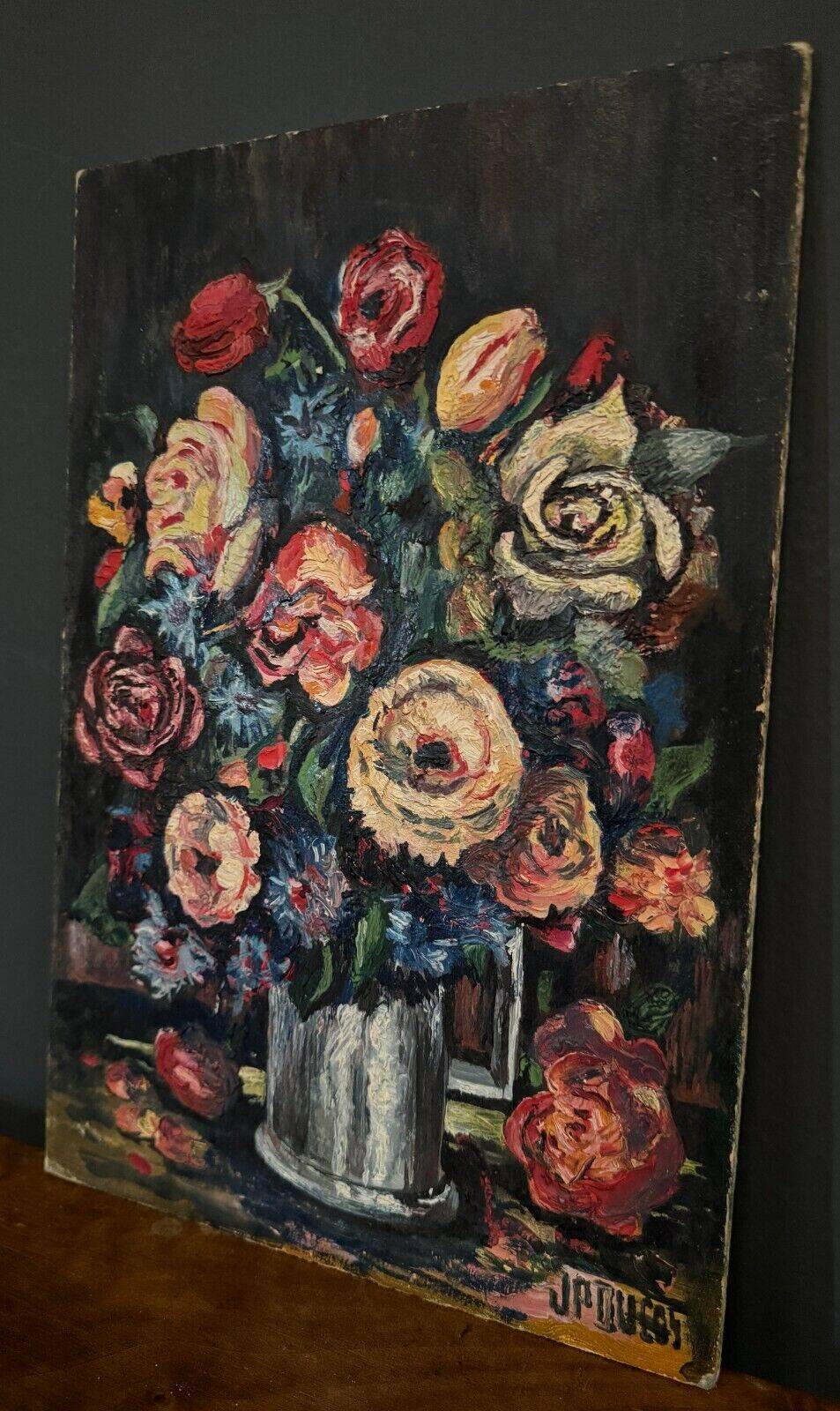 Oil on cardboard by JP Ducas still life with flowers 20th century