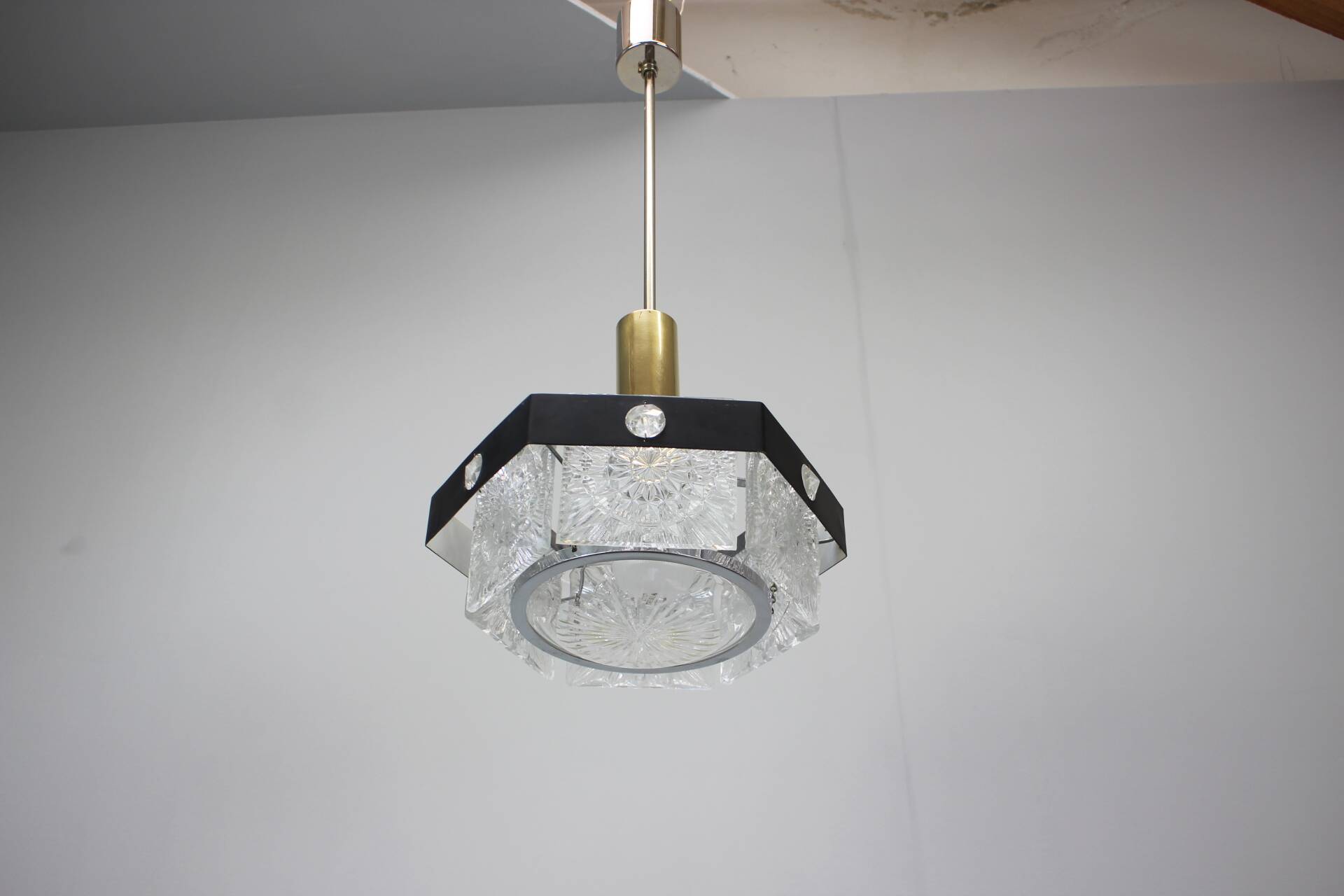 1970s Czechoslovak Kamenický Šenov Cut Glass and Chrome Pendant Light