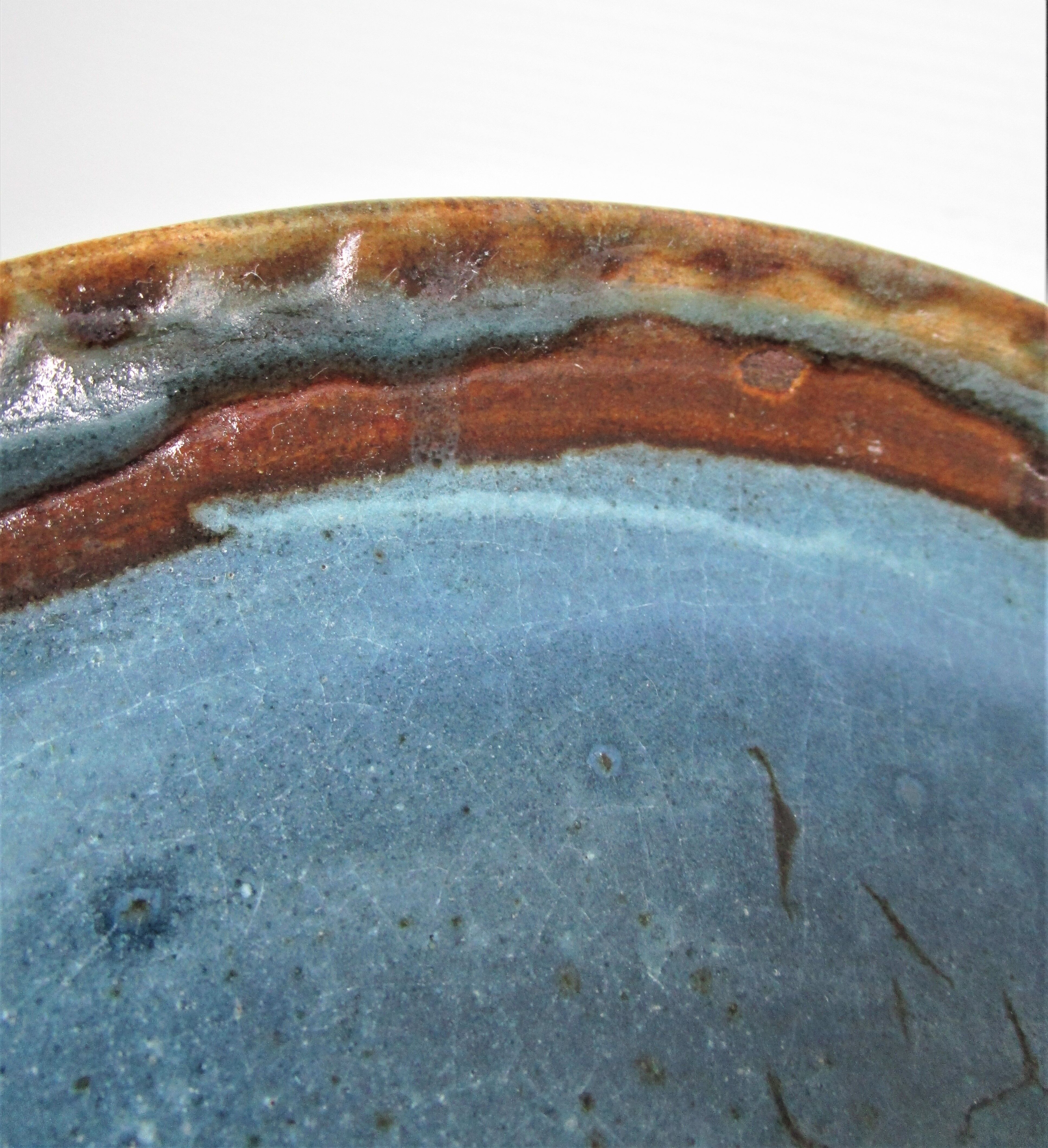 Bowl and round ceramic dish enamelled blue green brown vintage signed vintage