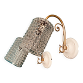 Grande paire d’appliques col de cygne laiton globes en verre moulé transparent rosace porcelaine