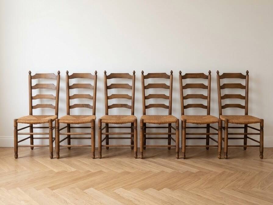 Set of 6 antique cherry wood chairs in ladder style.