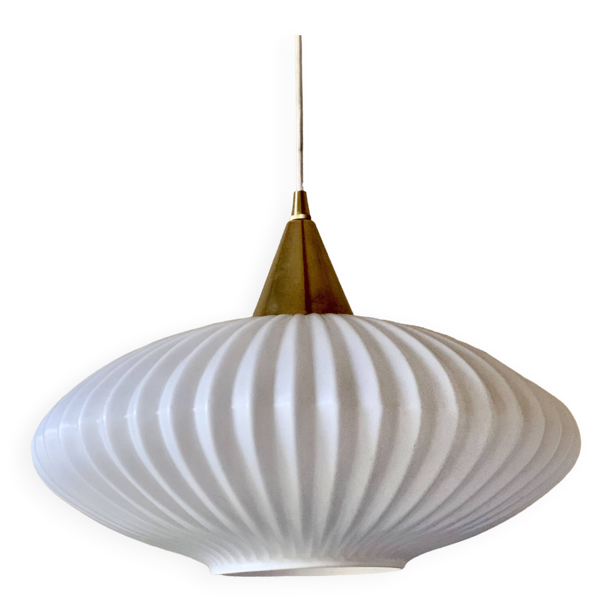Large Scandinavian pendant light in striated opaline and brass from the 60s