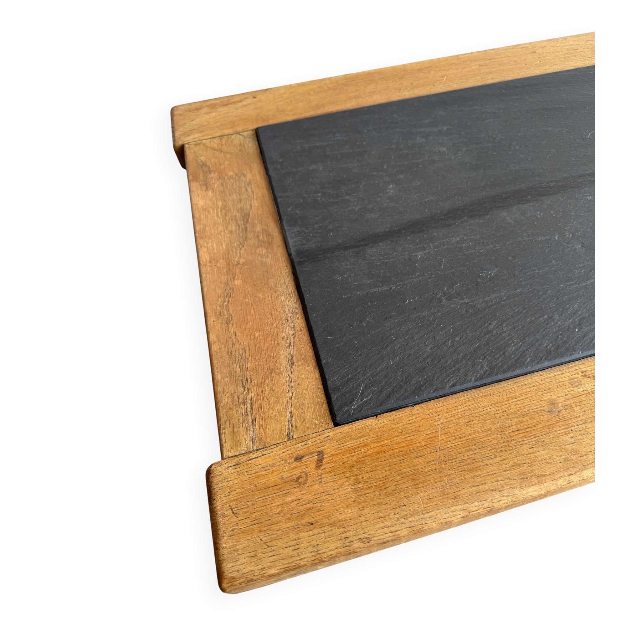 Vintage Oak Coffee Table with Belgian Blue Stone Top — Natural Oak & Dark Slate Grey, 1950s