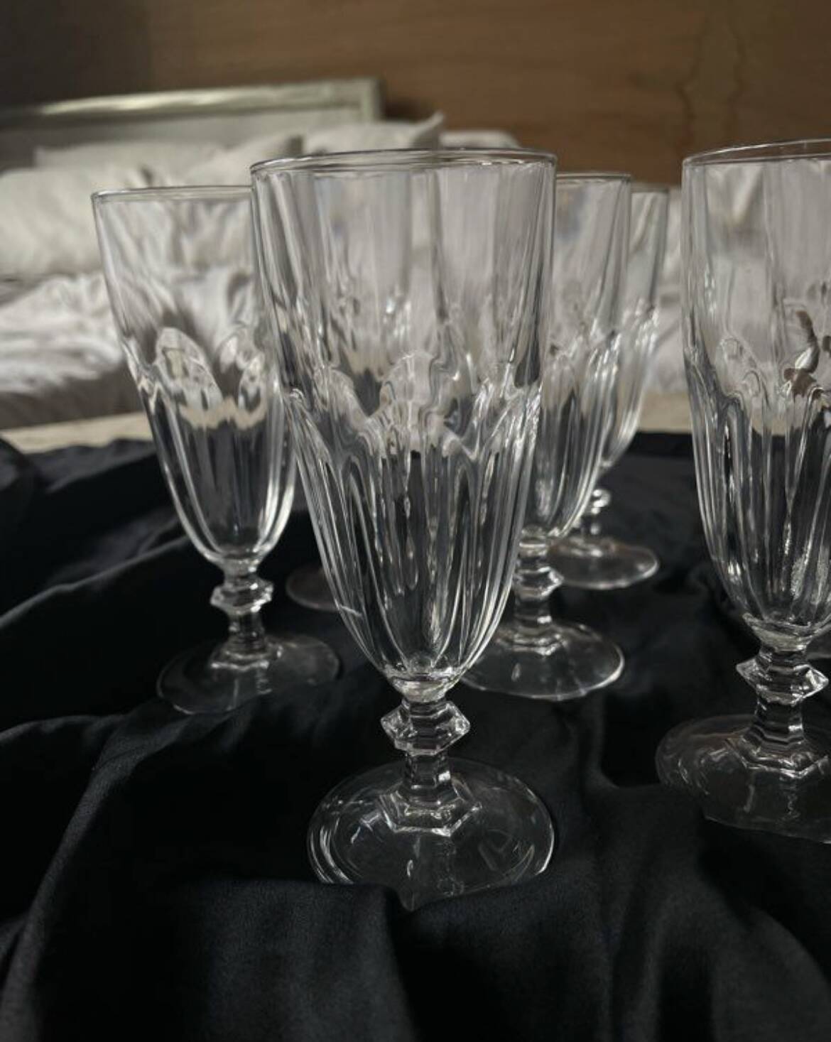 6 antique crystal champagne flutes and stemmed glasses