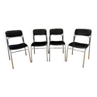 Lot de 4 chaises en skaï noir et métal chromé 1970 civic made in france