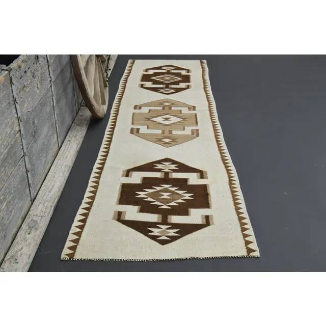 1970s Vintage Turkish Hand-Knotted Wool Cotton Beige Runner Rug 96x343